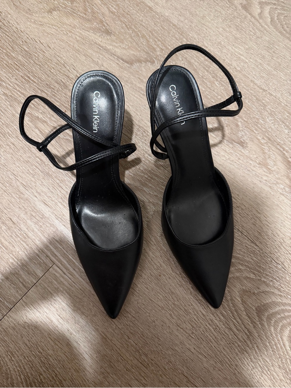 Calvin Klein Black Pointed-Toe Slingback Heels with Thin Straps
